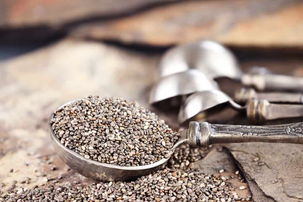 grow chia sprouts, chia seeds on a spoon