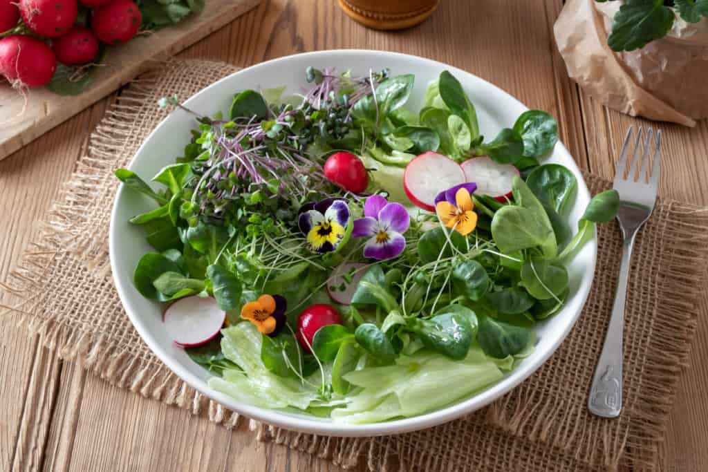 YayImages_HowDoYouEatMicrogreens__salad-with-fresh-broccoli-and-kale-microgreens-and-pansies