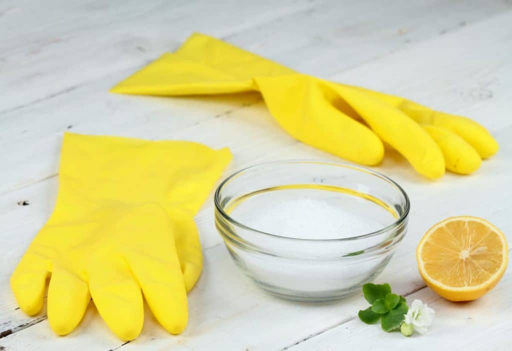 acids for cleaning, citric acid and gloves