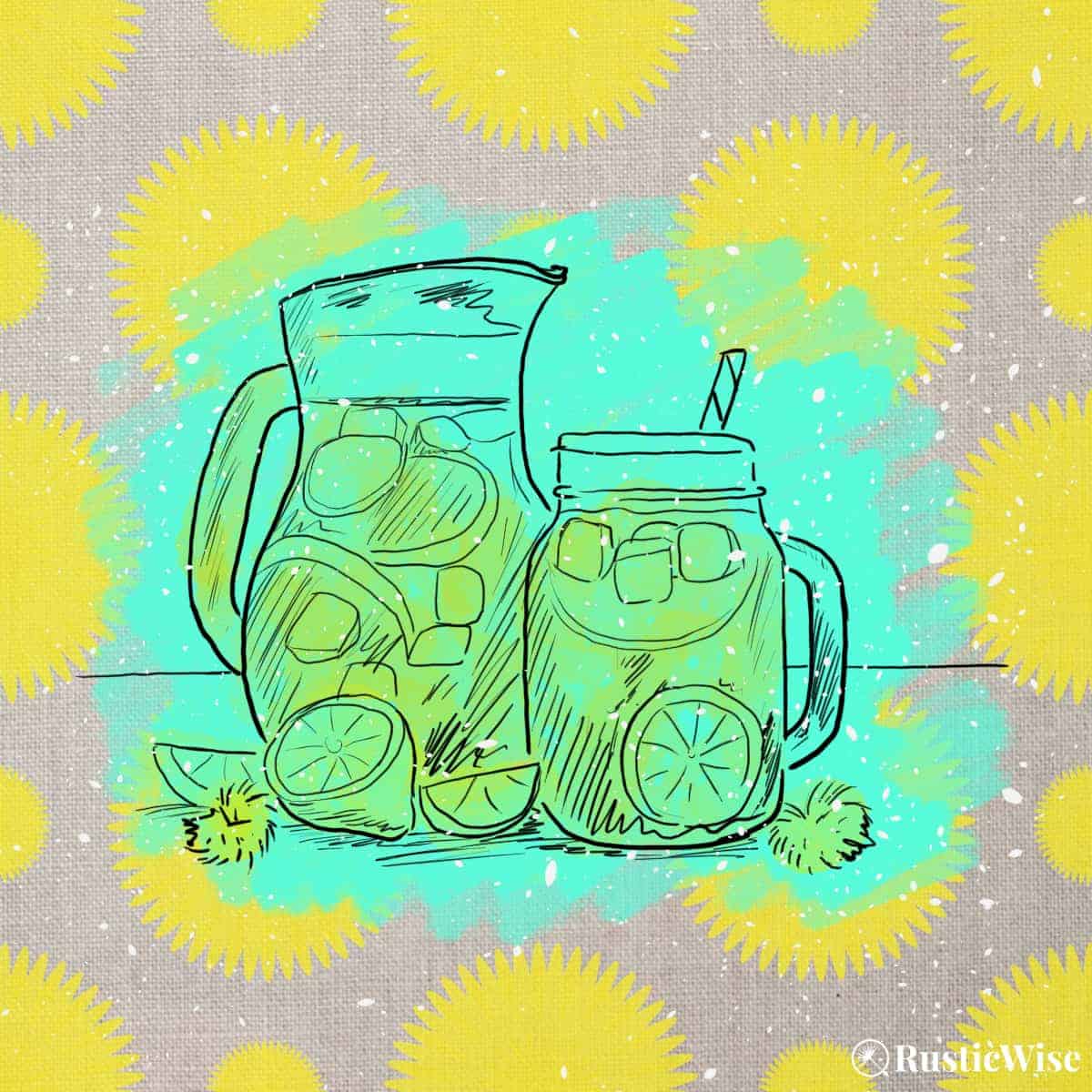 RusticWise, dandelion iced tea, illustration of pitcher and glass