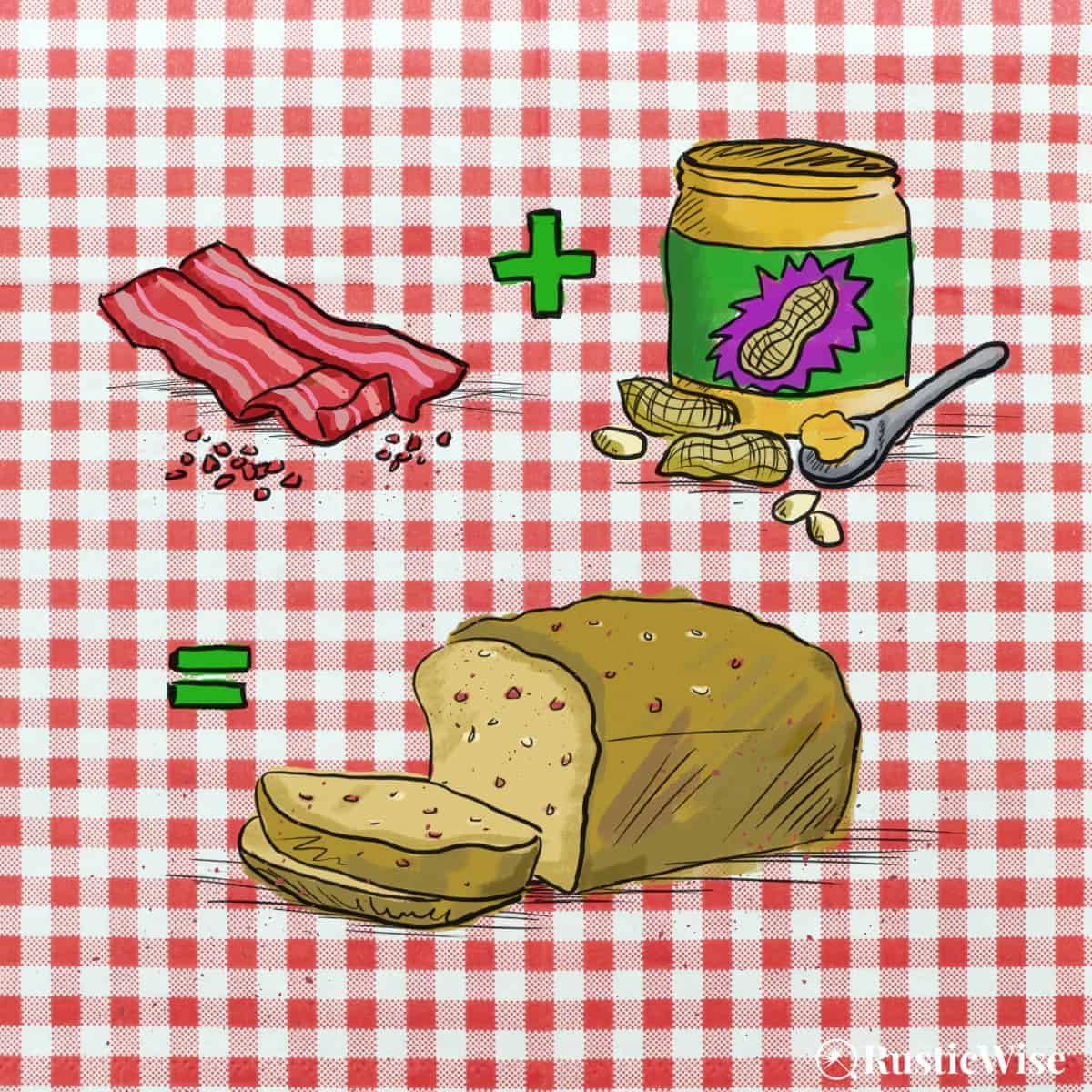 RusticWise, peanut butter bacon bread, illustration of bacon and peanut butter and loaf of bread