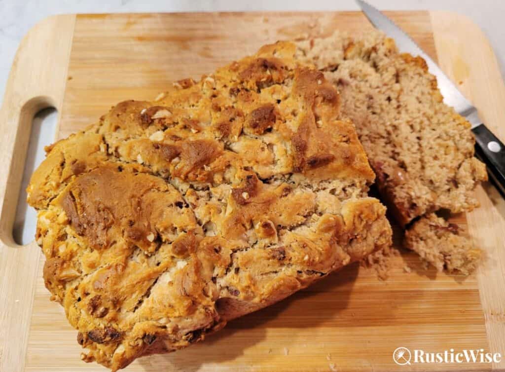RusticWise, peanut butter bacon bread, loaf of bread on wooden cutting board