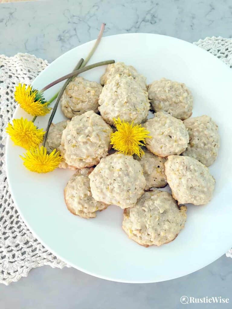 RusticWise, dandelion cookie recipe, finished cookies on white plate, top view