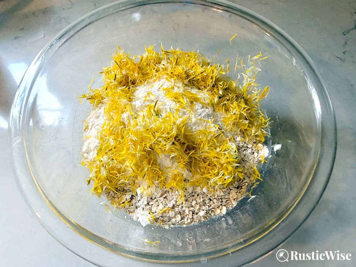 RusticWise, dandelion cookie recipe, mixing bowl with ingredients