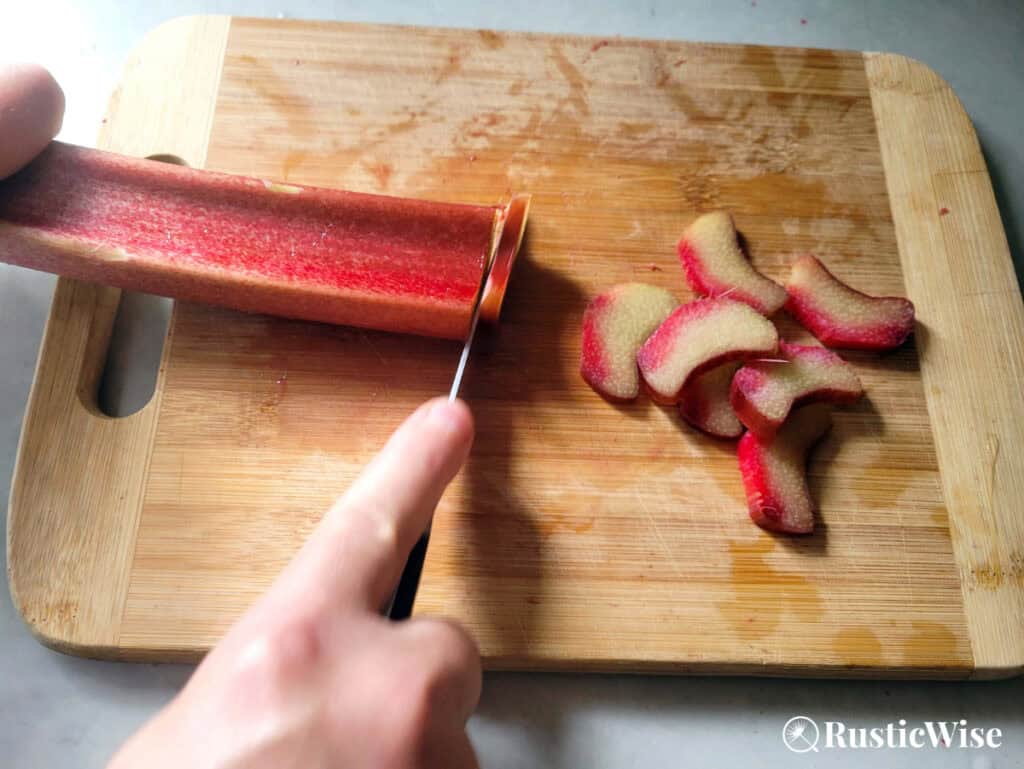 RusticWise, harvesting rhubarb, cutting stalks