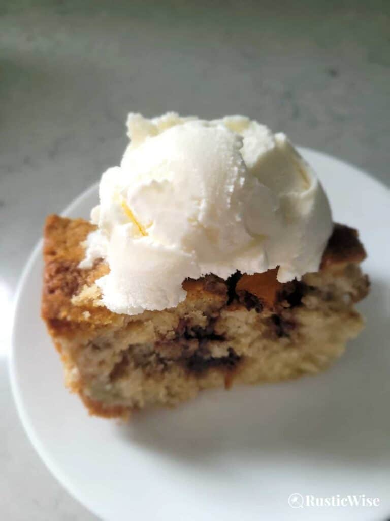 RusticWise, rhubarb cake recipe, slice cake ice cream